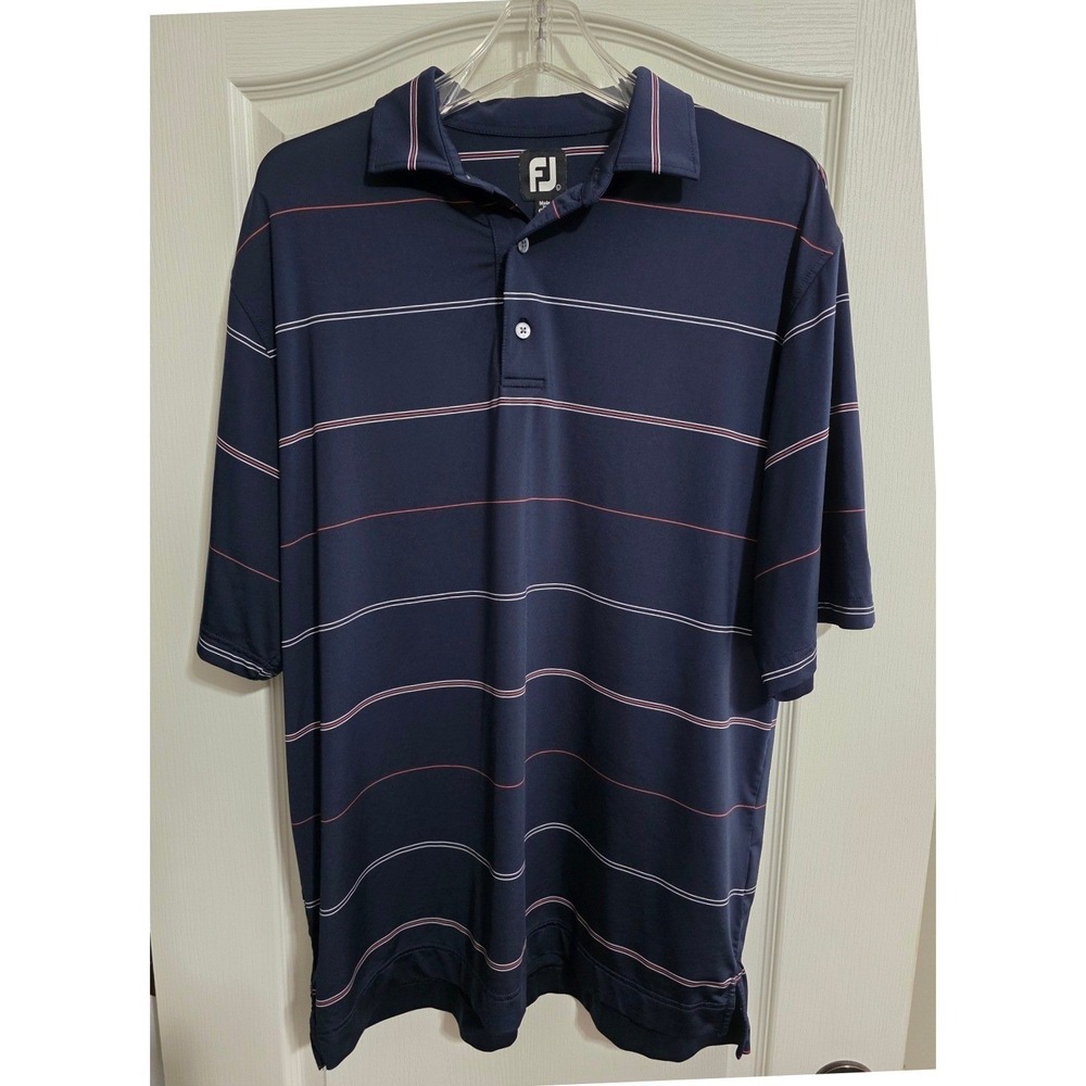 FootJoy Mens Navy Blue Striped Short Sleeve Golf Polo Shirt Large‎ FJ & G Logo